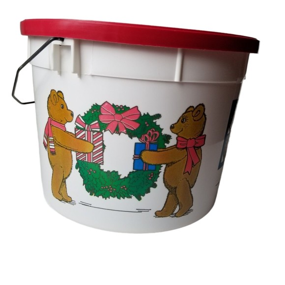 Vintage Christmas Bucket w Lid metal handle Holiday Shamrock Ind 5 Qt Teddy Bear - Picture 4 of 11
